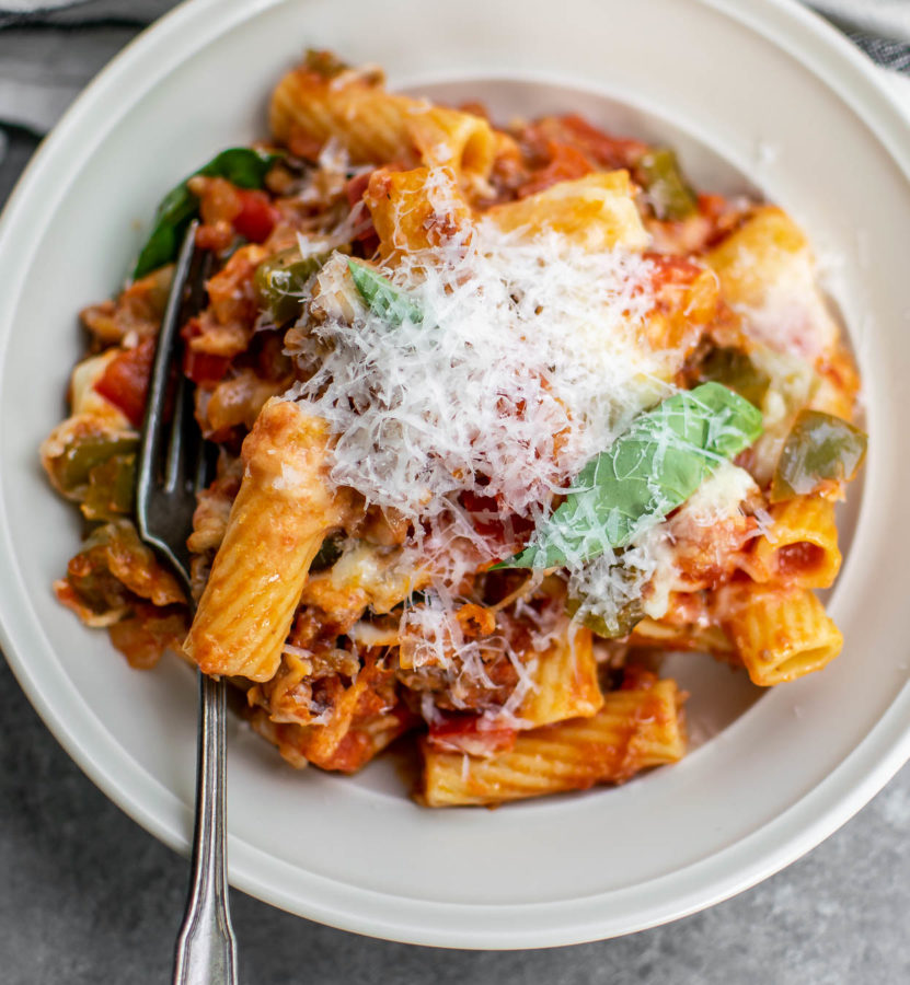 Sausage and Pepper Pasta Bake in a bowl.