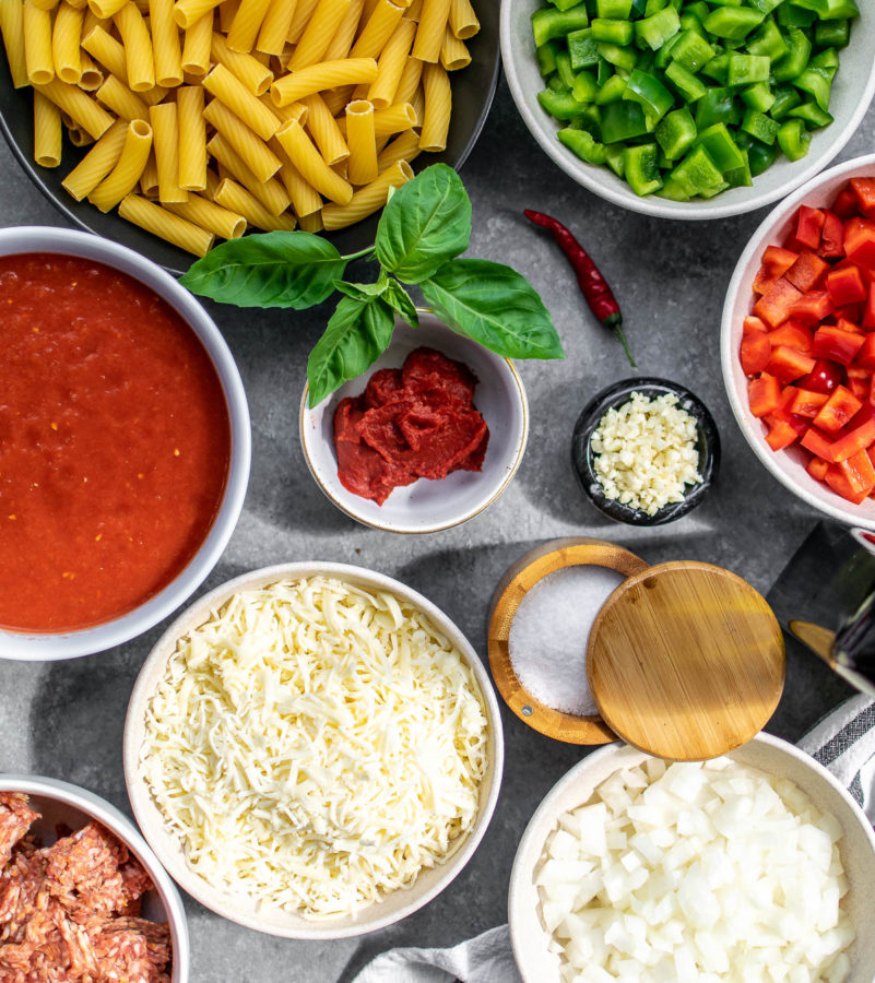 Sausage and Pepper Pasta Bake ingredients.