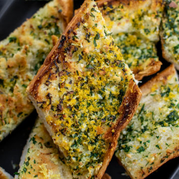 Garlic Bread with Bottarga cut into pieces.