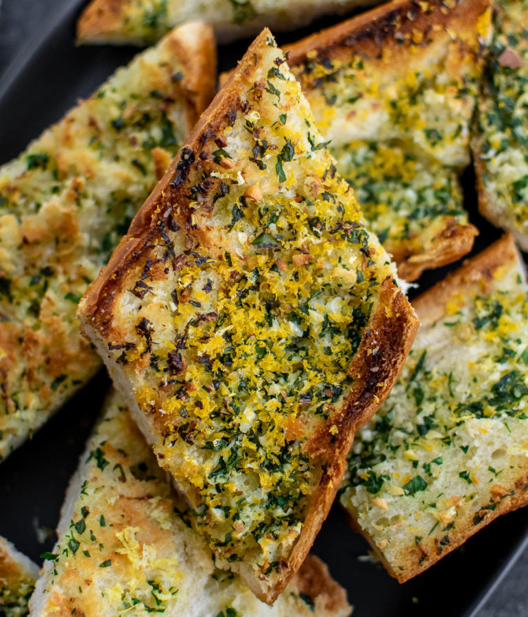 Garlic Bread with Bottarga cut into pieces.