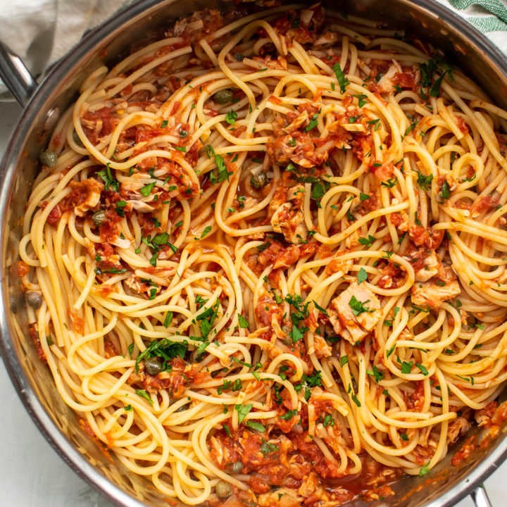 Pasta with Tuna and Tomatoes in a pan.