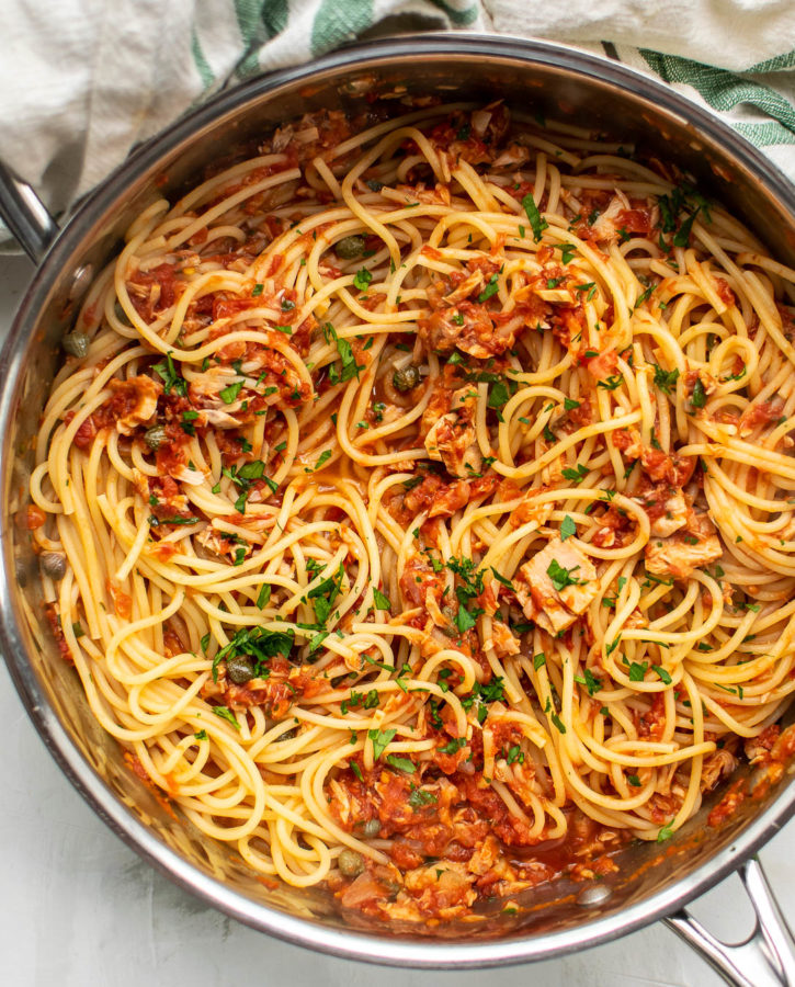 Pasta with Tuna and Tomatoes in a pan.