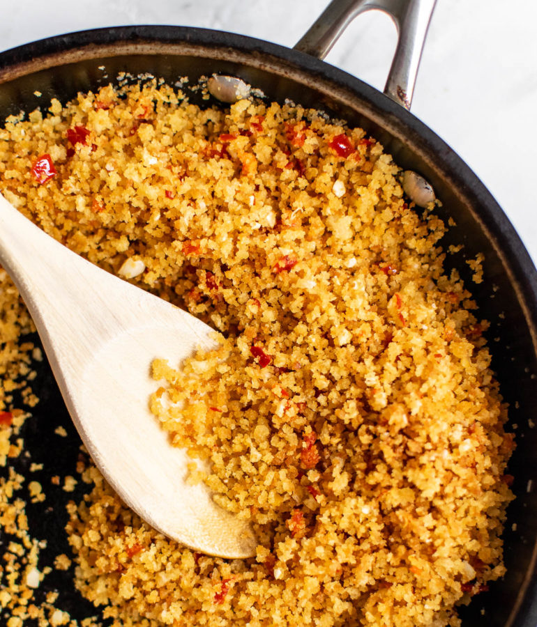 Spicy Calabrian Breadcrumbs in a pan.