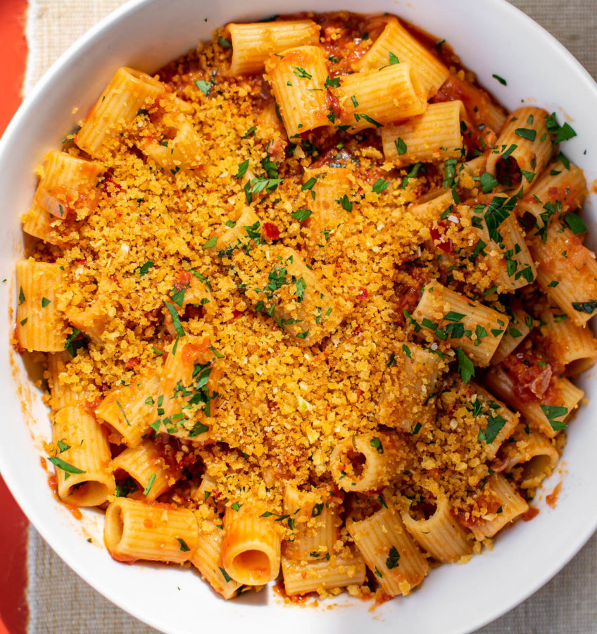 Spicy Calabrian Breadcrumbs on a pasta dish.