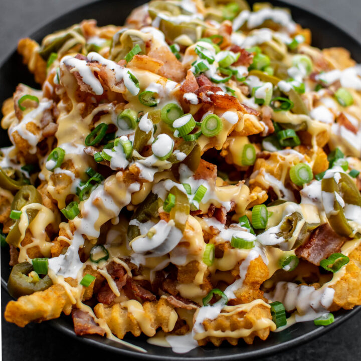 Loaded Bacon Cheese Fries in a serving bowl.