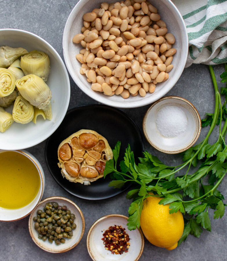 Roasted Garlic and Artichoke White Bean Dip with Fried Capers ingredients.