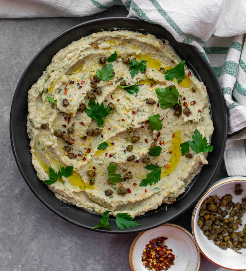 Roasted Garlic and Artichoke White Bean Dip with Fried Capers