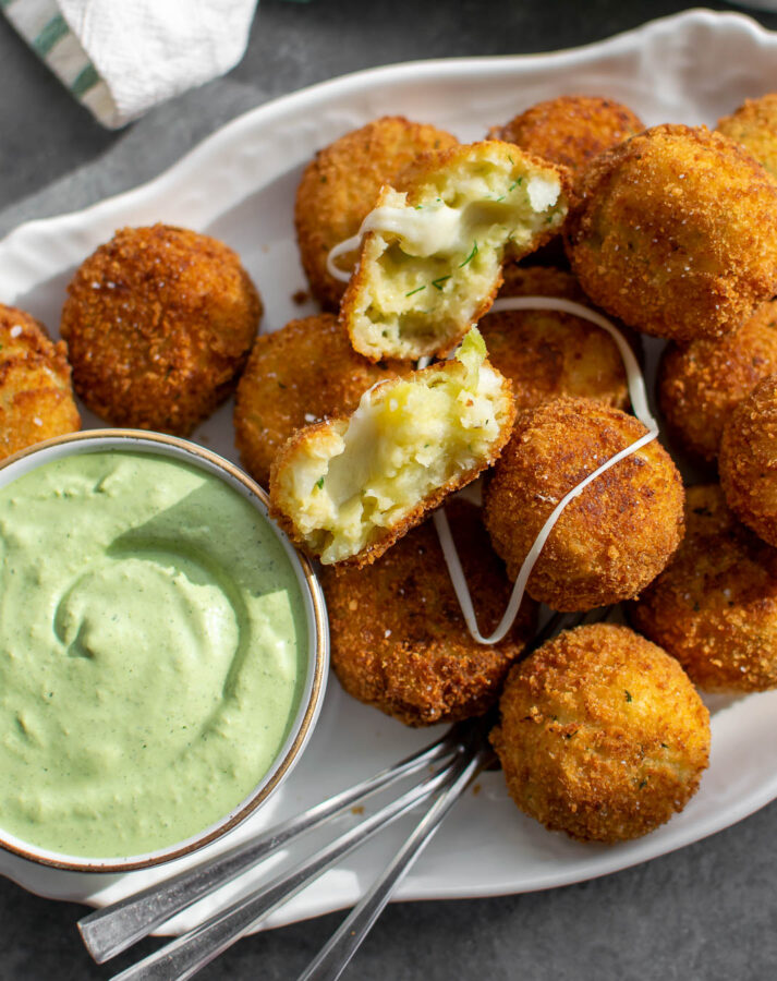 Cheesy Fried Colcannon Balls on a serving platter.