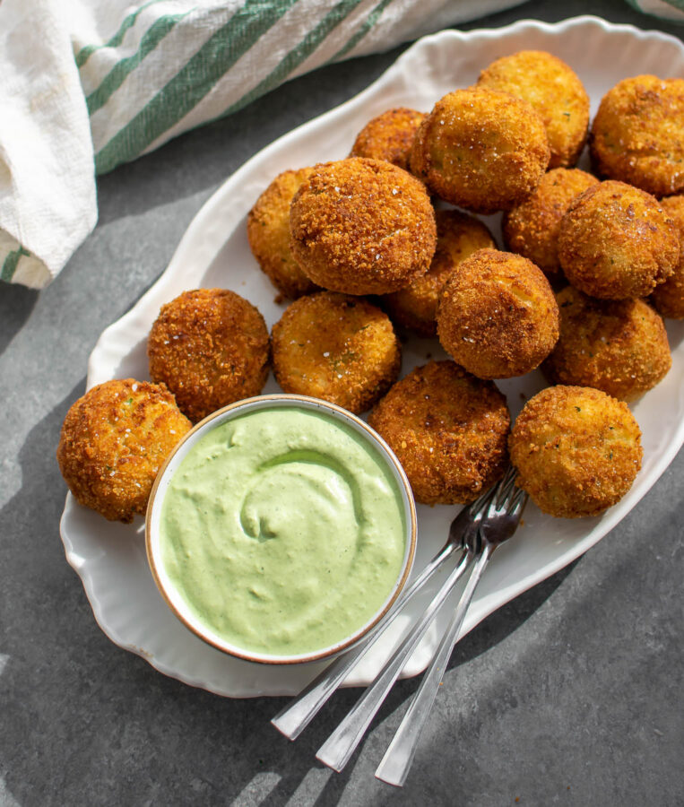 Cheesy Fried Colcannon Balls on a serving platter.