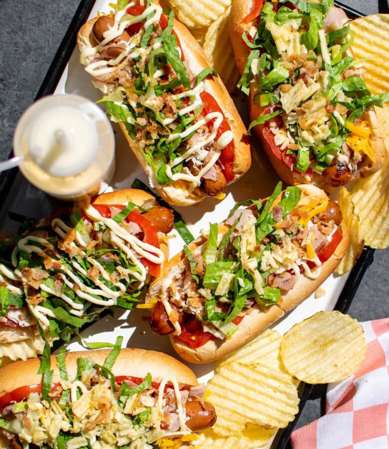 Club Hot Dogs on a serving platter. 